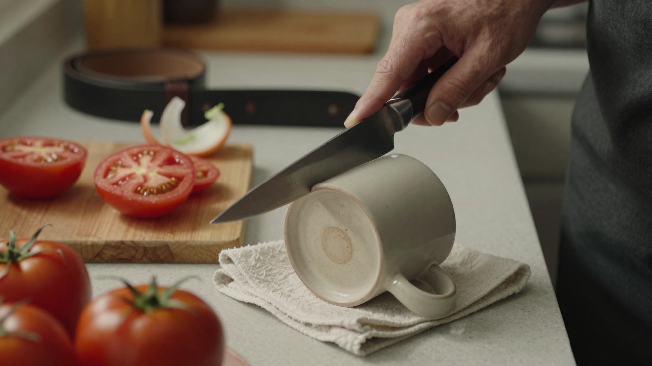 Pessoa a cortar com faca apoiada numa caneca virada no balcão da cozinha com tomates frescos à volta.