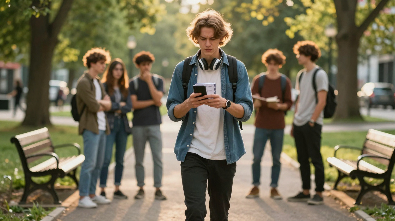 Estudante a andar no parque, concentrado no telemóvel, com grupo de jovens ao fundo conversando.