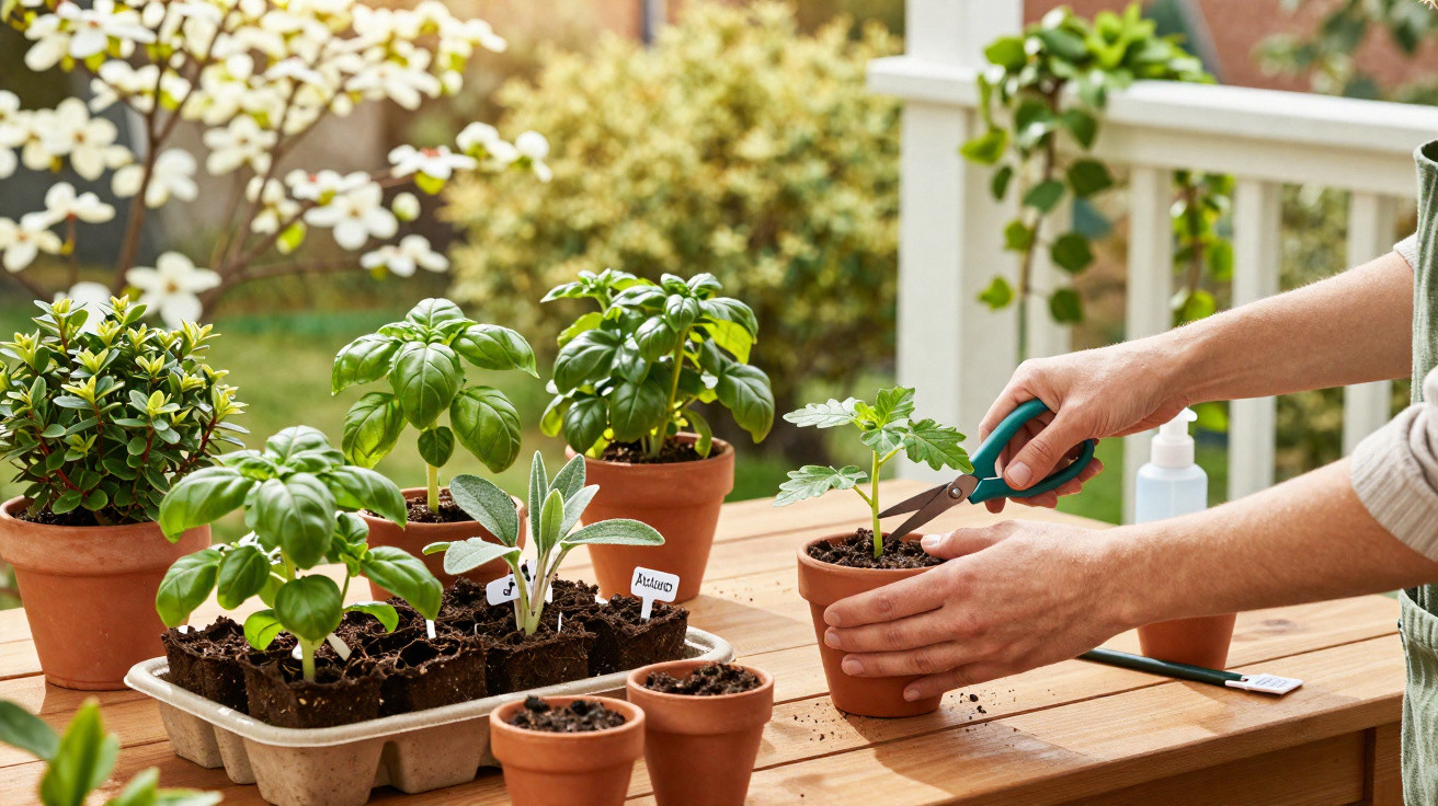 Mãos podando planta num vaso de barro numa mesa de madeira com várias outras plantas ao redor.
