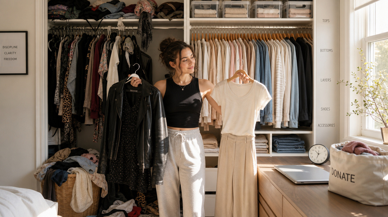 Mulher a escolher entre roupa escura e clara em quarto organizado com armário aberto e luz natural.