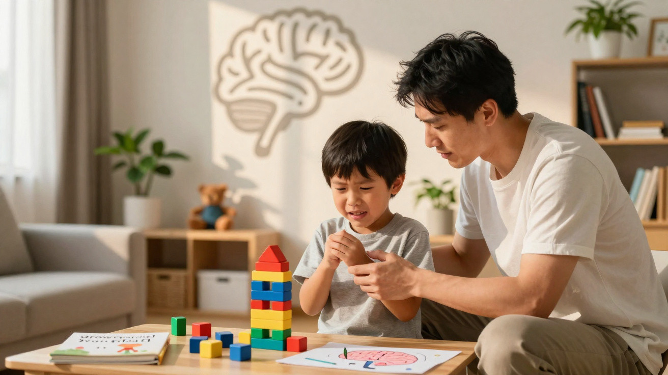 Pai e filho a construir torre com blocos coloridos numa sala iluminada e acolhedora.