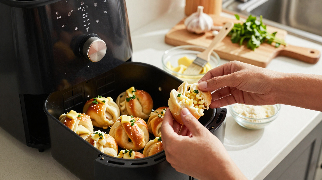 Mãos a abrir pão recheado retirado de uma fritadeira sem óleo com ervas e manteiga na cozinha.