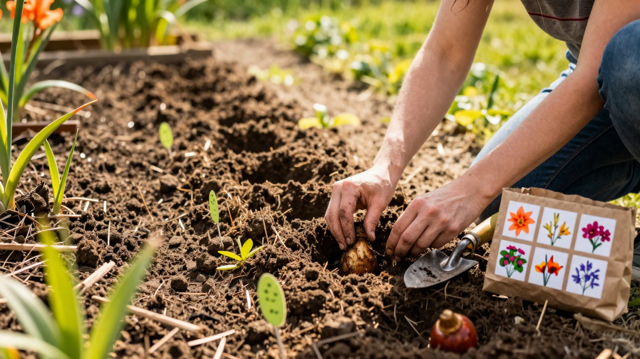 Pessoa a plantar um bulbo numa horta com terra remexida e saco de sementes de flores ao lado.