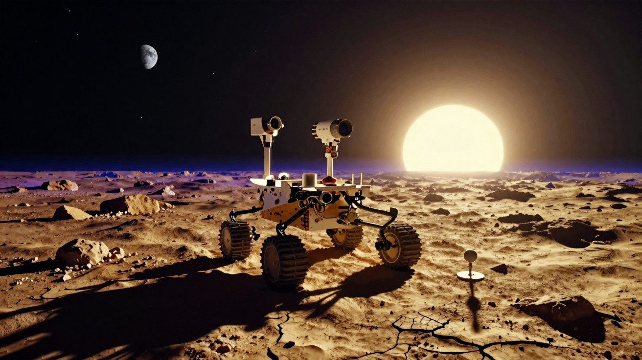 Rover explorando a superfície árida e rochosa de um planeta sob o sol brilhante e uma lua no céu escuro.