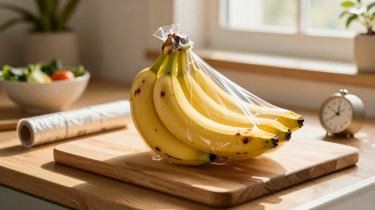Cacho de bananas amarelas num saco plástico sobre uma tábua de madeira numa cozinha iluminada.