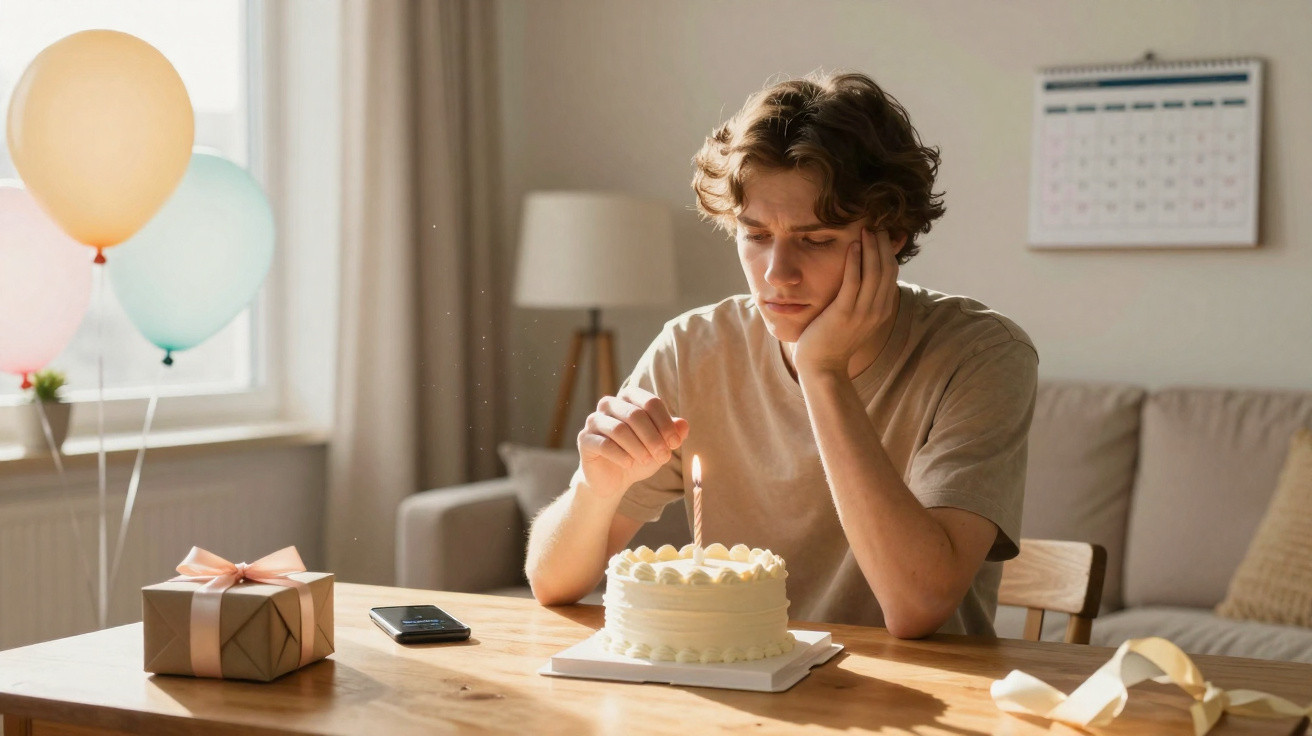 Jovem sozinho sentado à mesa a olhar tristemente para um bolo de aniversário com uma vela acesa.