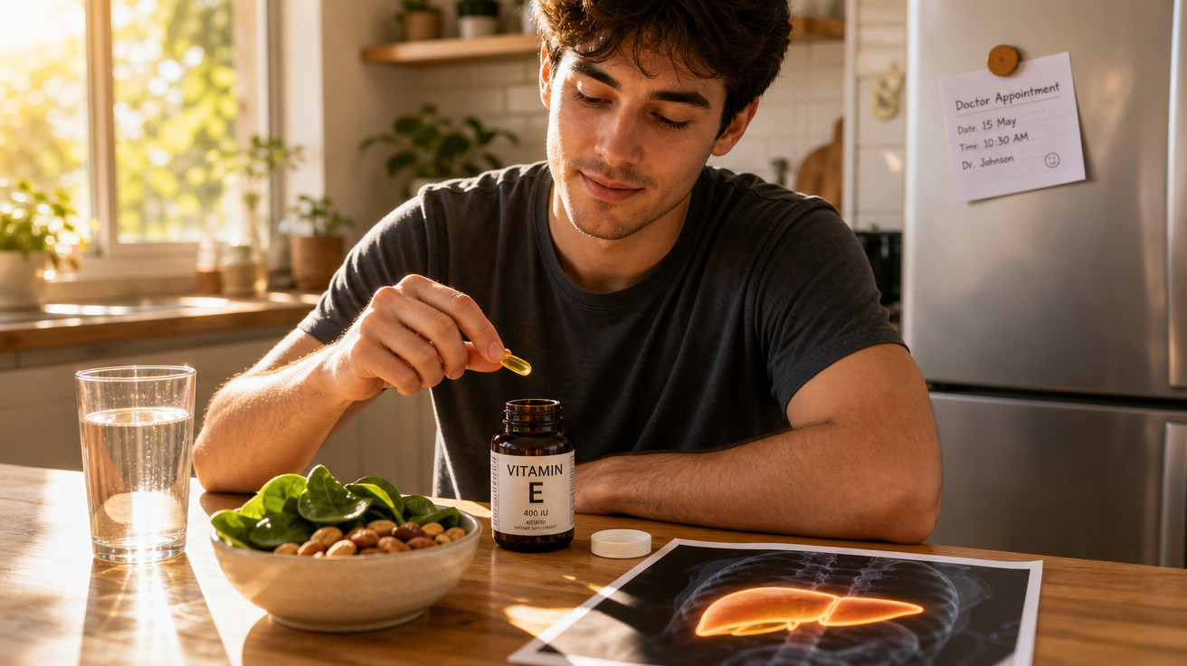 Homem sentado à mesa a tomar cápsula de vitamina E, com salada e copo de água, imagem de fígado à frente.