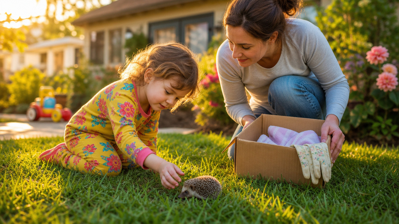 Criança com pijama e mulher curvada brincam com um ouriço na relva num jardim ao pôr do sol.