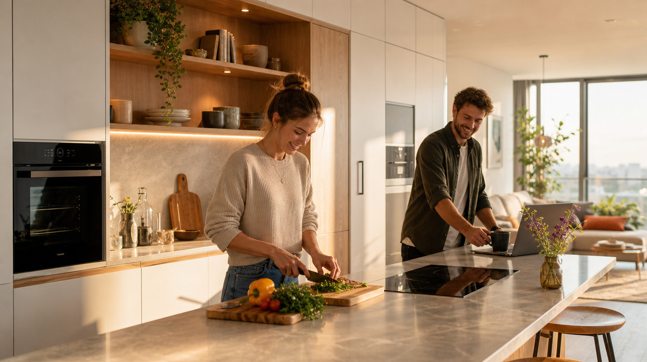 Casal jovem prepara refeição e conversa numa cozinha moderna e iluminada durante o dia.
