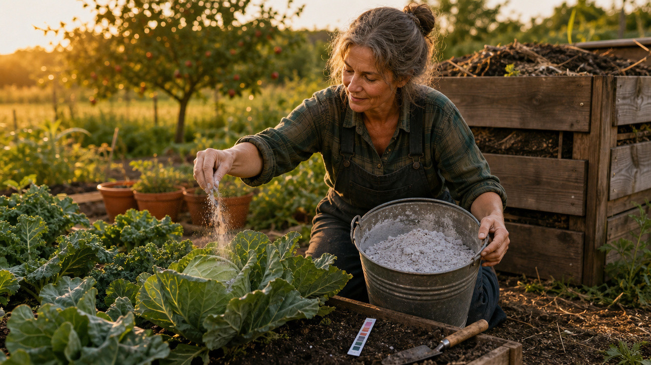 Mulher a adubar couves num jardim ao ar livre ao entardecer, com balde metálico e compostor atrás.