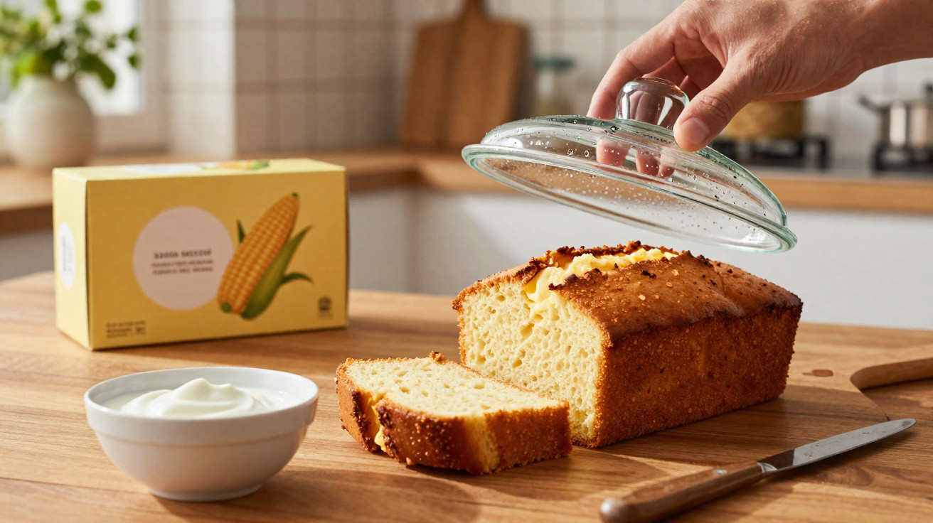 Bolo de milho com duas fatias cortadas, prato com creme e embalagem na cozinha.