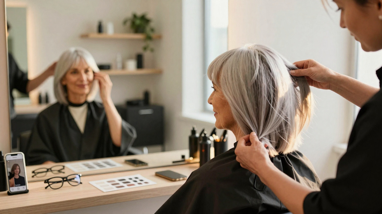 Mulher de cabelo cinzento sentada no cabeleireiro a ser penteada, com reflexo no espelho à frente.