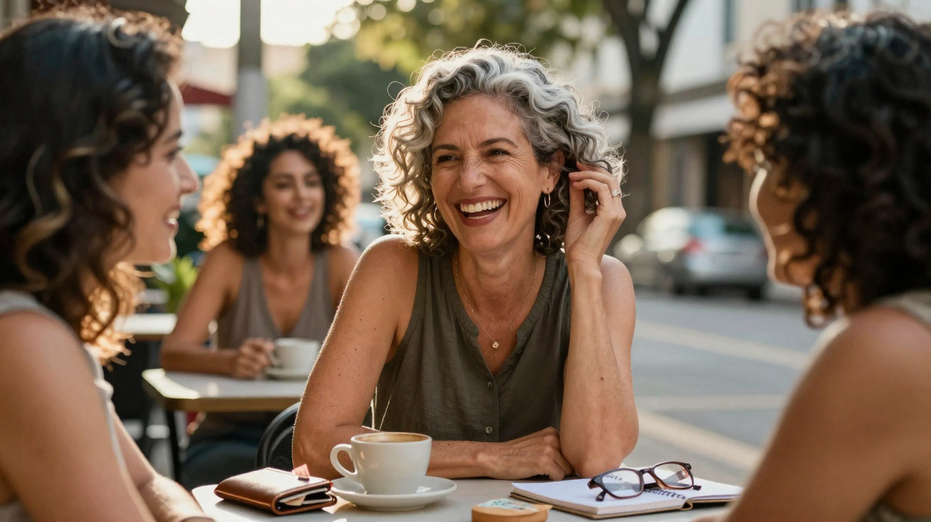 Quatro mulheres sentadas em esplanada, conversando e sorrindo, com chávenas e caderno à frente.