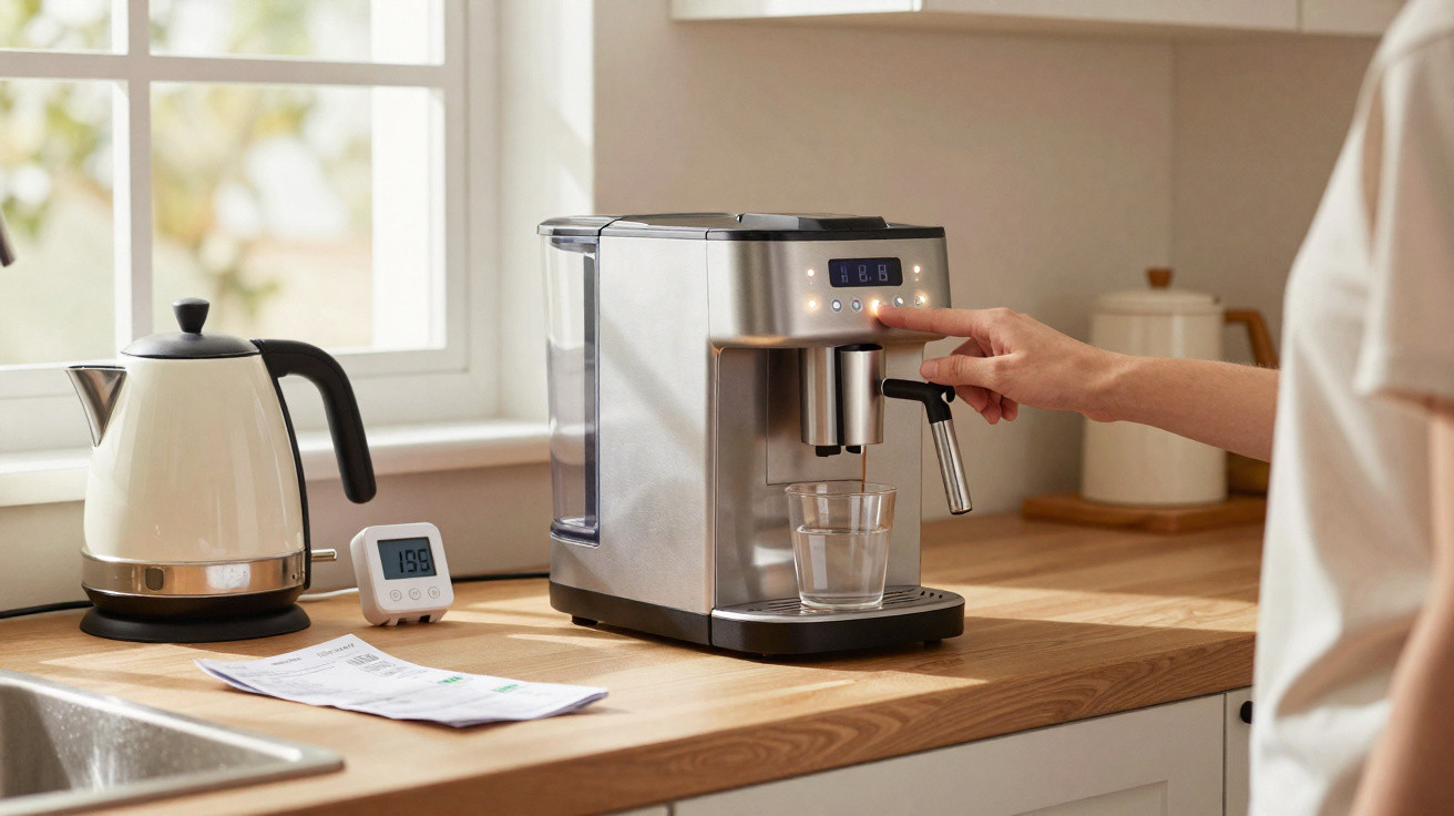 Pessoa a usar máquina de café expresso num balcão de cozinha iluminado pela janela.