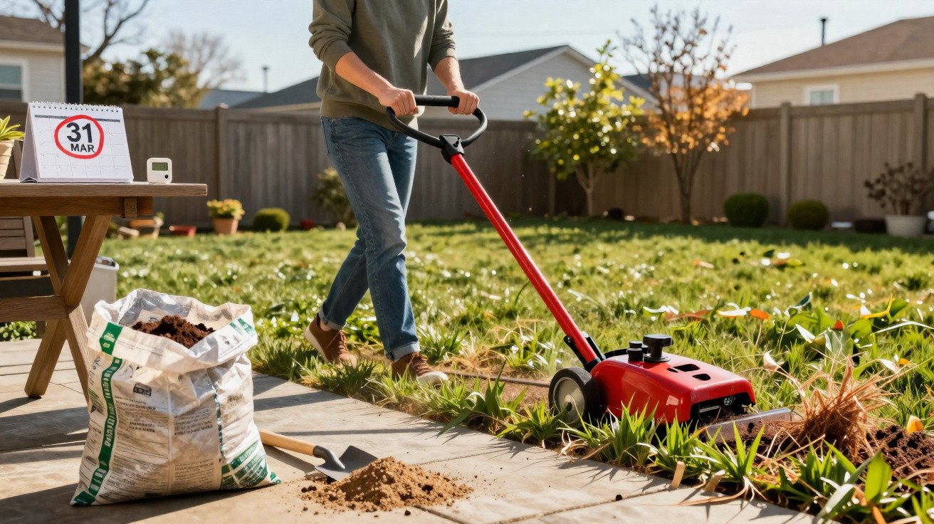 Pessoa a arrancar ervas daninhas num jardim com uma máquina vermelha ao lado de uma mesa com saco de terra.