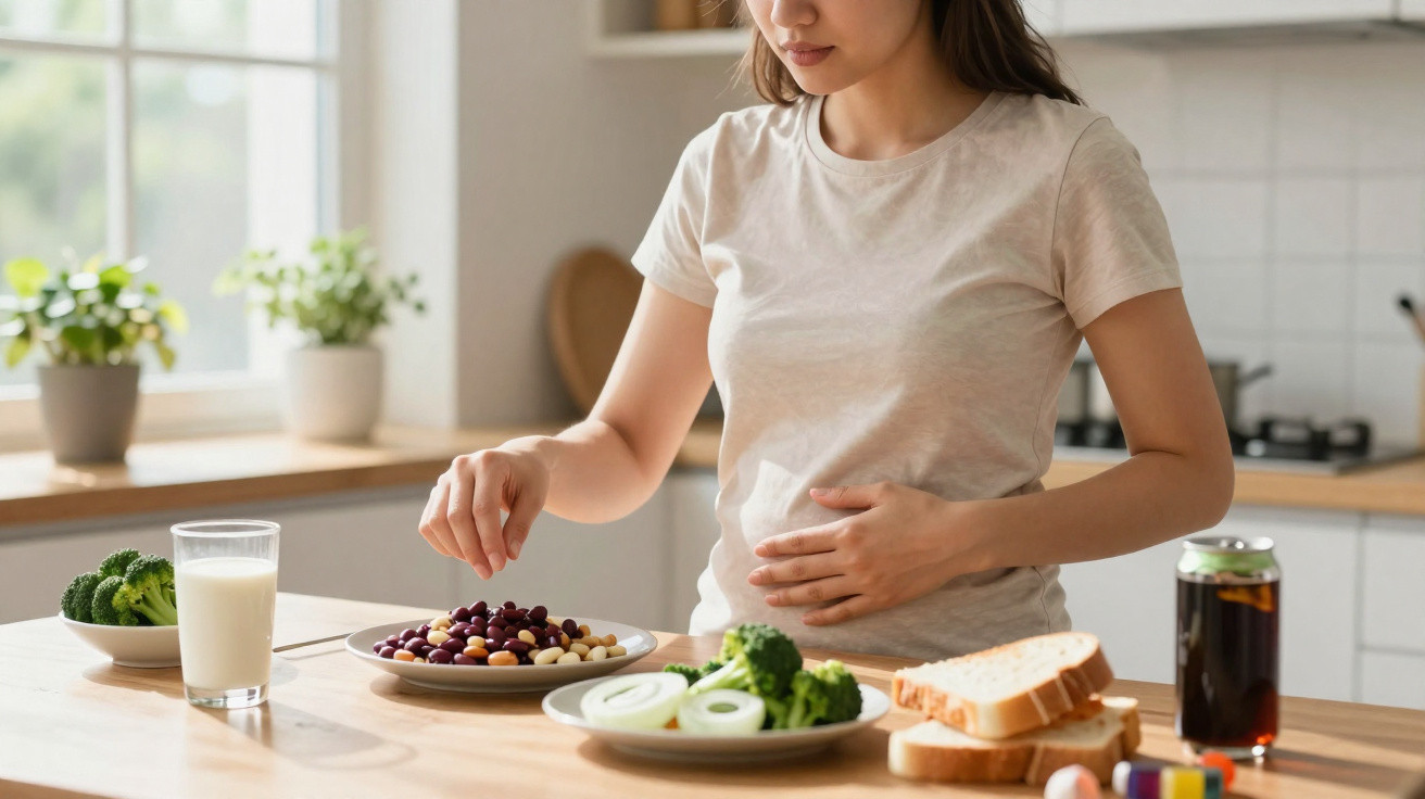 Mulher grávida com mão na barriga a escolher feijão numa cozinha com alimentos saudáveis sobre a mesa.