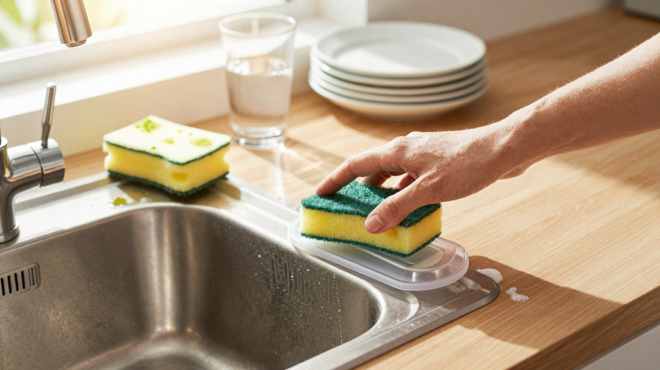 Mão a segurar esponja amarela e verde junto a uma pia de cozinha com pratos e copo no fundo.