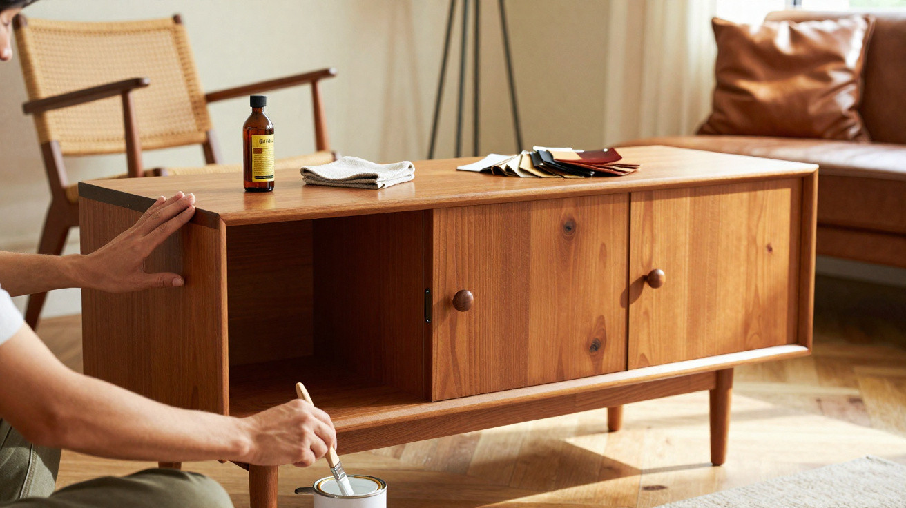 Pessoa a pintar móvel de madeira num ambiente de sala com cadeira e sofá castanho.
