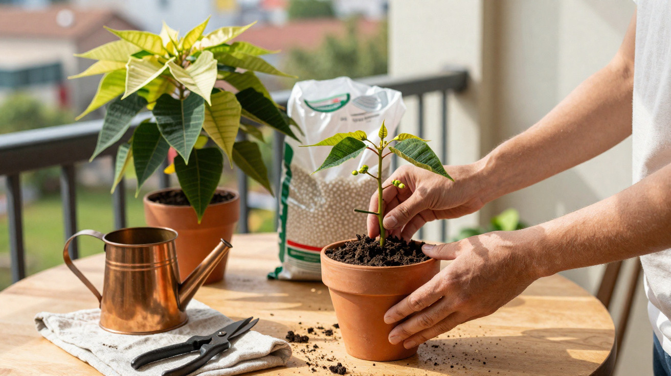 Pessoa a transplantar planta jovem para vaso de barro numa varanda, com regador e tesoura por perto.