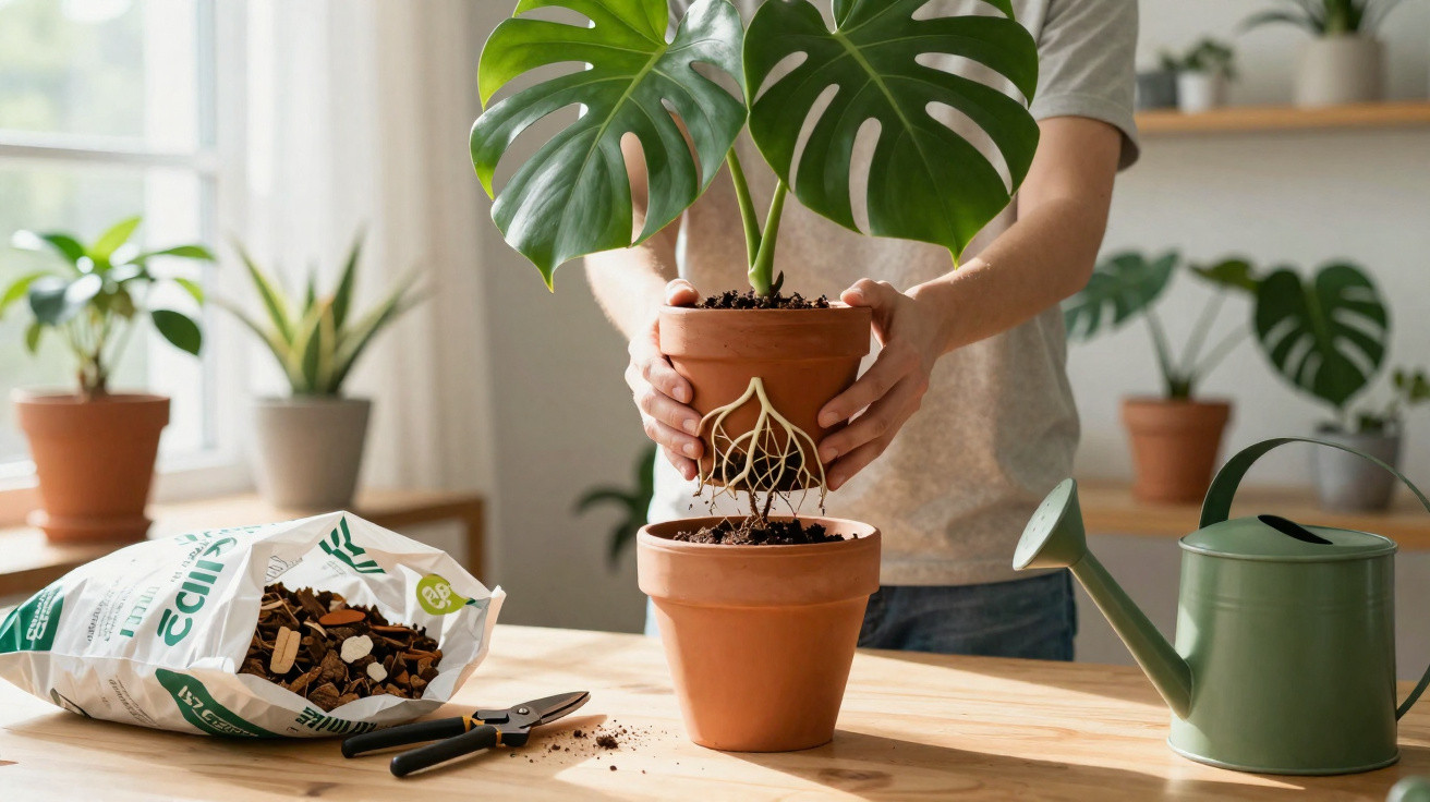 Pessoa a transplantar planta com folhas verdes em vaso de barro, ao lado de regador verde e terra em saco aberto.