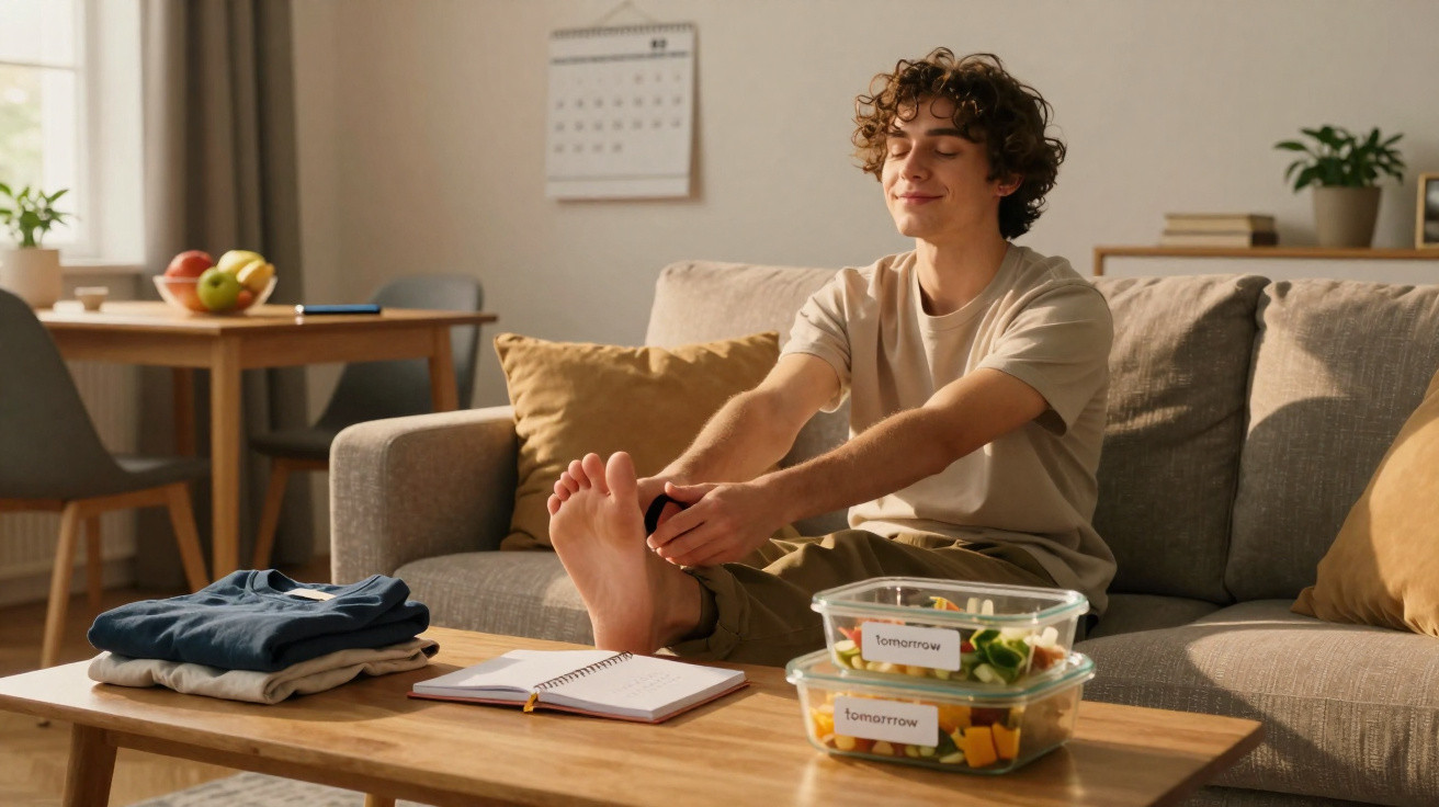 Jovem sentado no sofá estica o pé, à sua frente mesa com legumes em recipientes e roupas dobradas.
