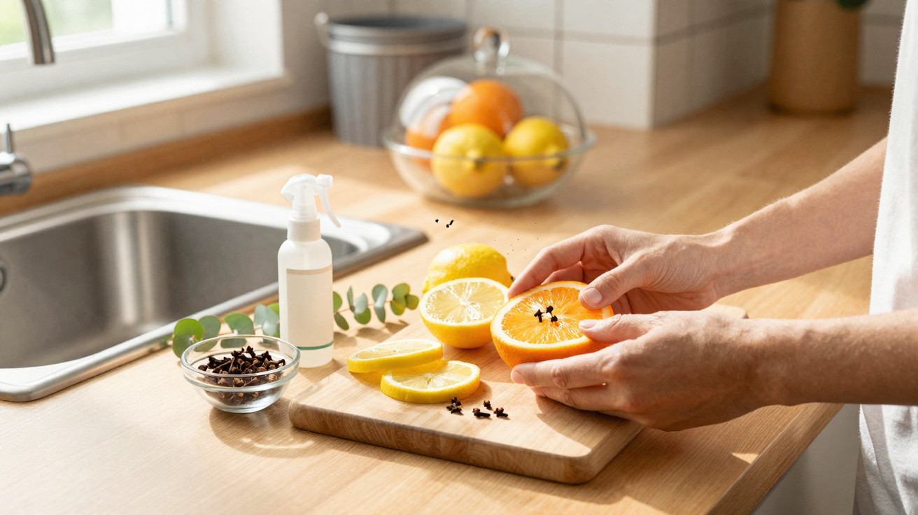 Mãos a preparar fatias de laranja e limão com cravos num tábua de cortar numa cozinha iluminada.