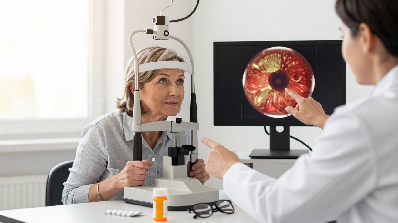 Mulher idosa a fazer exame oftalmológico com oftalmoscópio, médica aponta imagem da retina no ecrã.