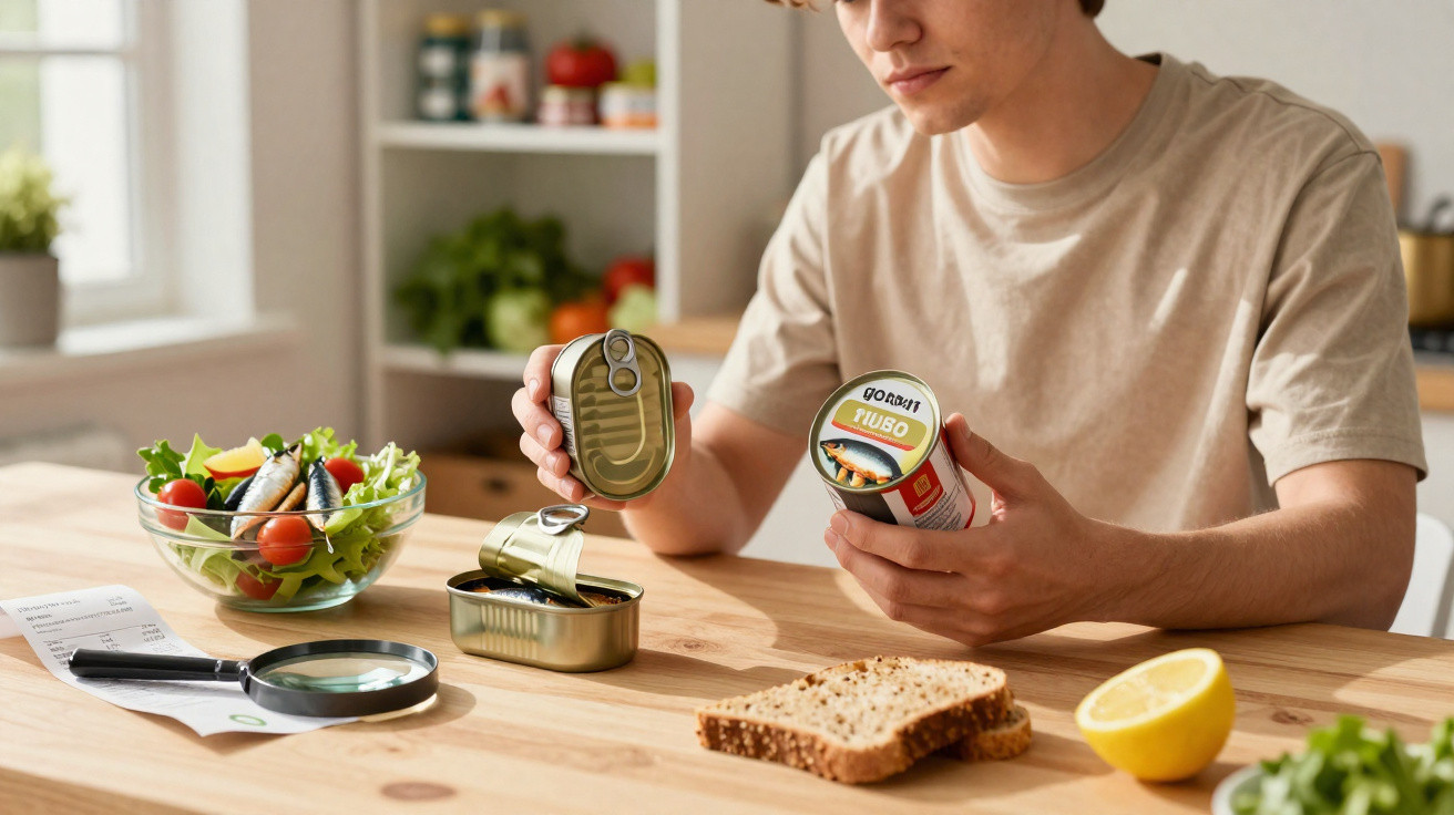 Homem a abrir lata de atum na cozinha com pão, salada, limão e lupa numa mesa de madeira.