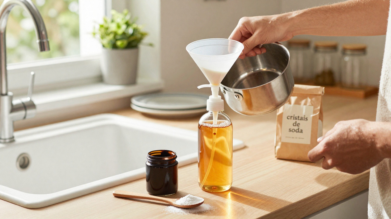 Pessoa a preparar detergente caseiro com tinhocas de soda e líquido num funil sobre garrafa transparente na cozinha.