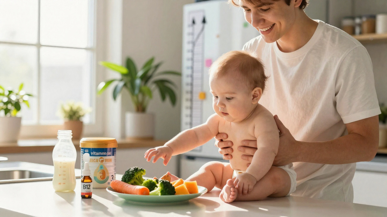 Pai sorridente segura bebé no colo à mesa com prato de legumes e leite numa cozinha luminosa.