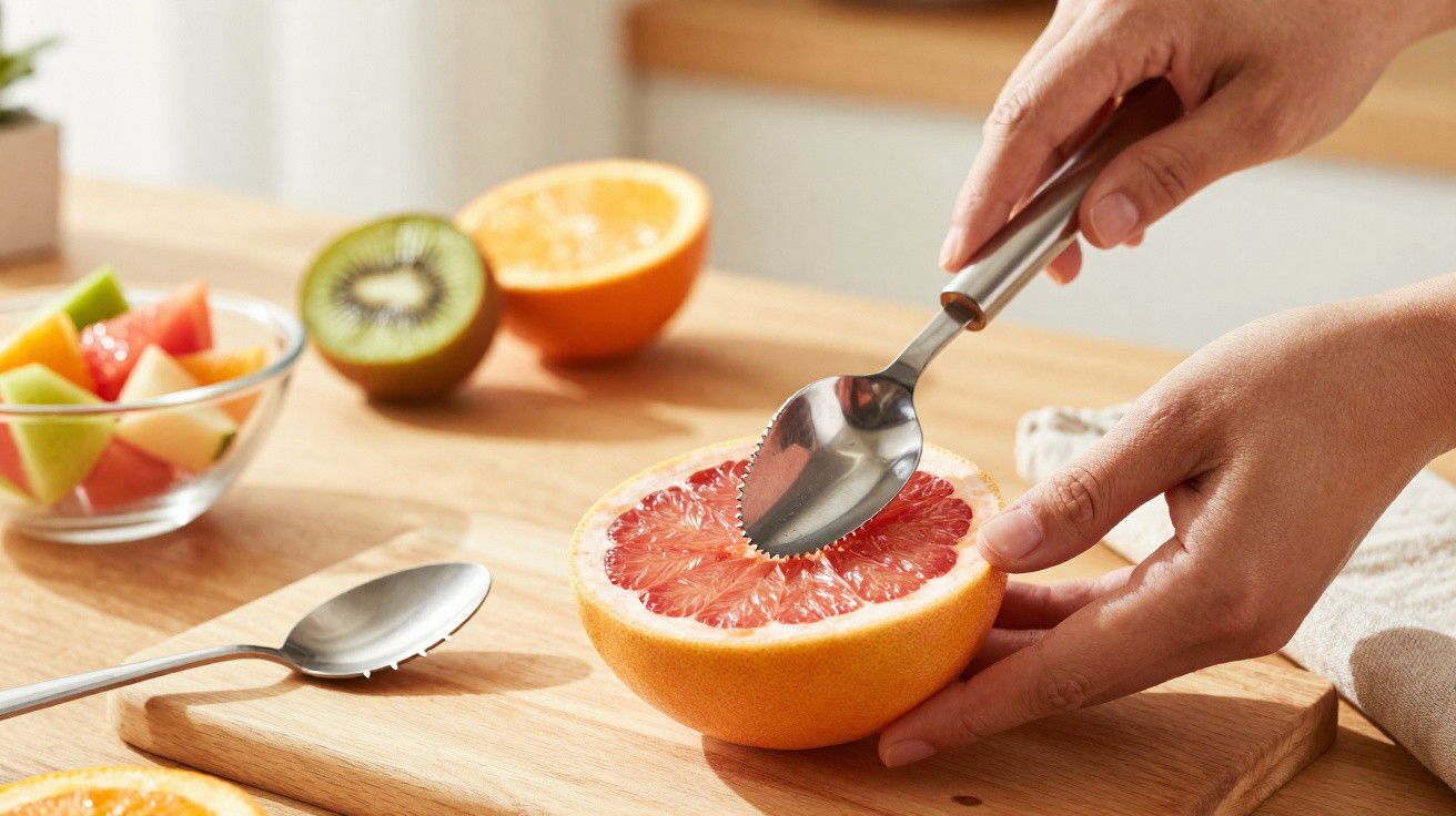 Mãos a usar colher especial para cortar polpa de toranja com outros frutos cortados ao fundo.