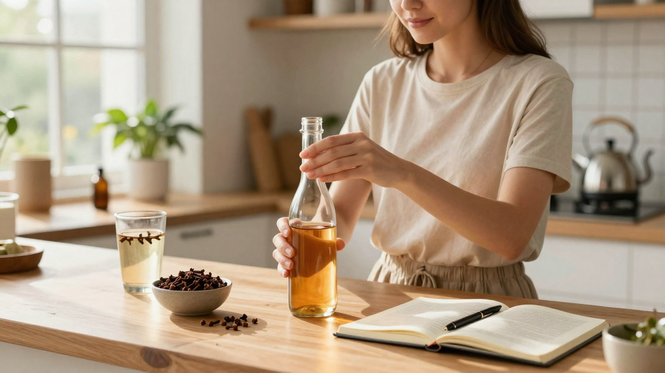 Mulher prepara chá com especiarias numa cozinha luminosa, com livro aberto sobre a mesa de madeira.