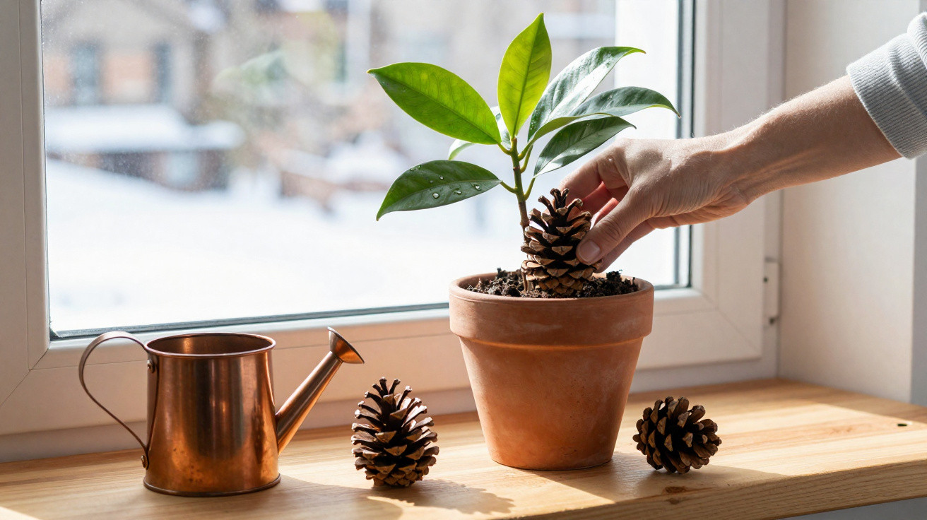 Mão a colocar uma pinha num vaso com planta verde junto à janela, regador de metal ao lado.