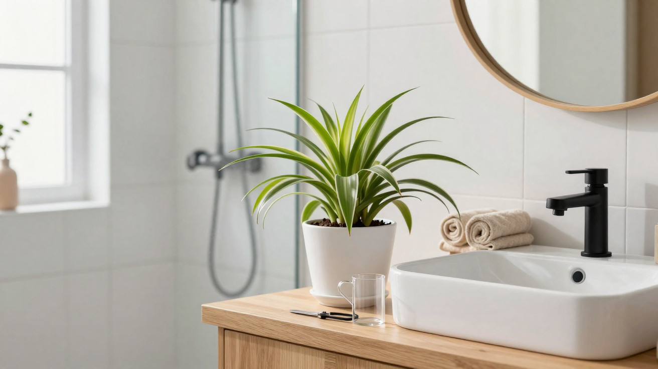 Casa de banho minimalista com planta verde em vaso branco, pia branca, torneira preta e toalhas enroladas.