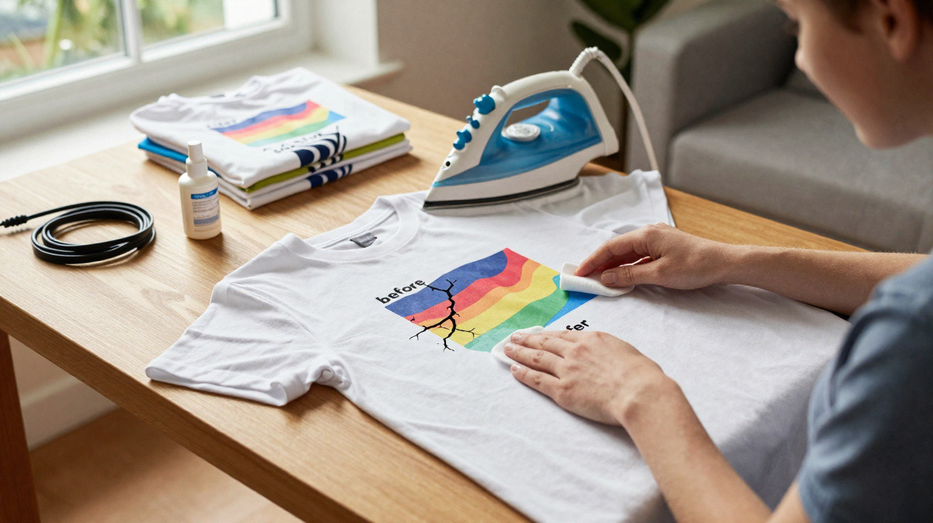 Pessoa a aplicar transferência de imagem colorida a t-shirt branca mesa madeira ferro engomar e spray ao lado.