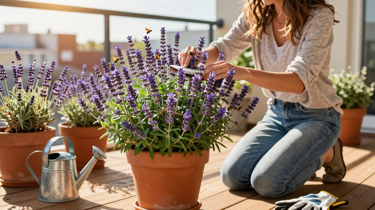 Mulher a cuidar de plantas de lavanda em vasos num terraço ensolarado.