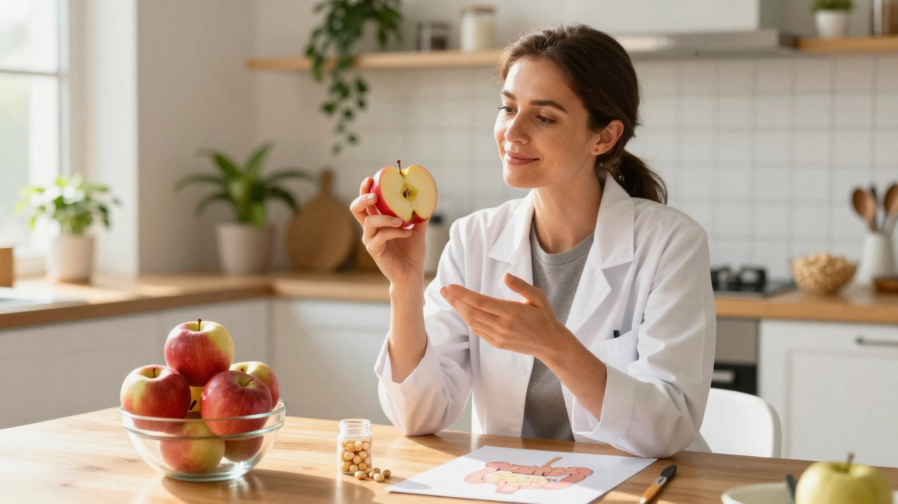 Nutricionista a explicar os benefícios da maçã, com tabela do sistema digestivo numa cozinha iluminada.