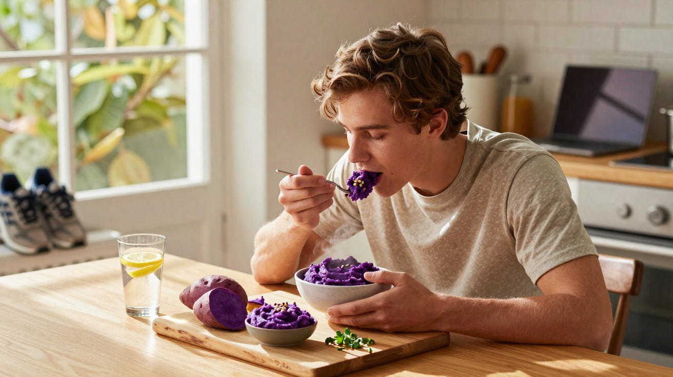 Homem a comer puré de batata roxa numa cozinha, com copo de água e batatas na mesa.