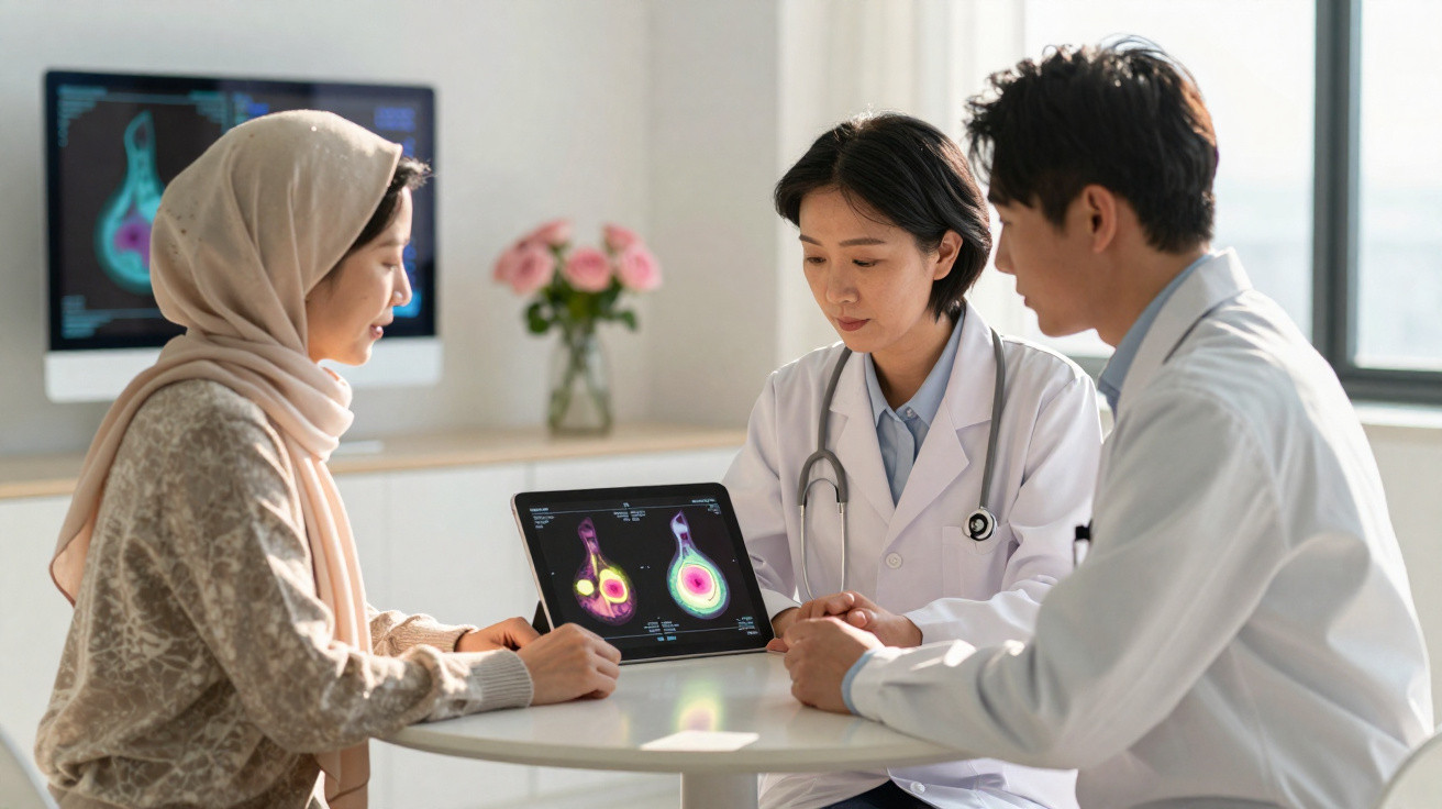Duas médicas e uma paciente a analisar imagens médicas de mamografia num tablet numa consulta clínica.