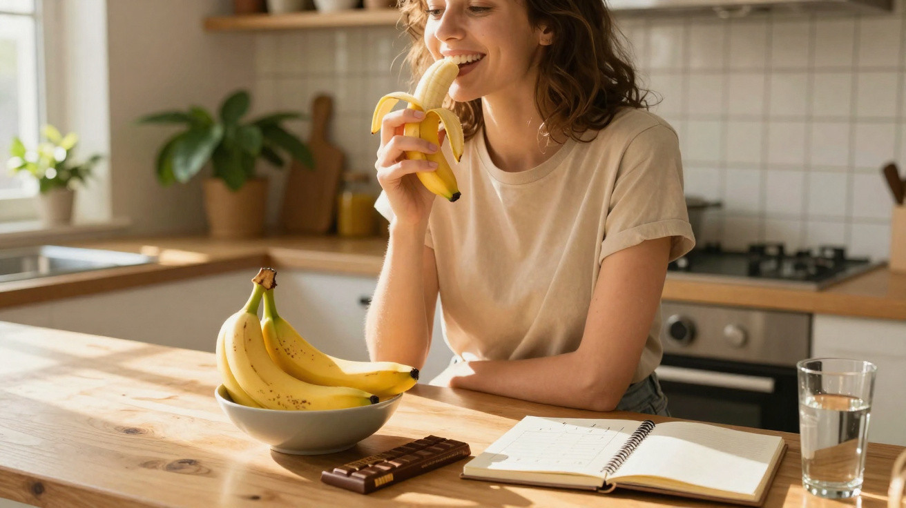 Mulher jovem a comer uma banana na cozinha, com caderno, barra de chocolate e copo de água na mesa.