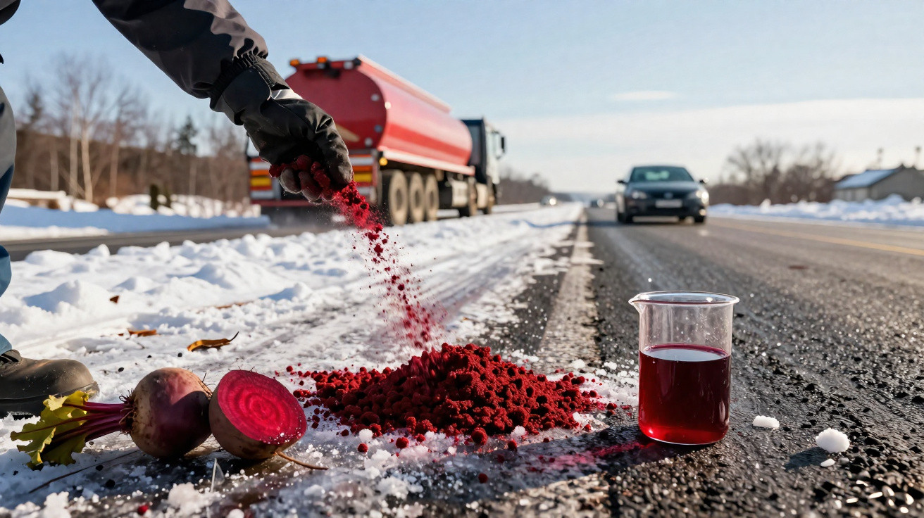 Pessoa a deitar pó vermelho em neve junto à estrada, com beterraba cortada e copo com líquido vermelho.