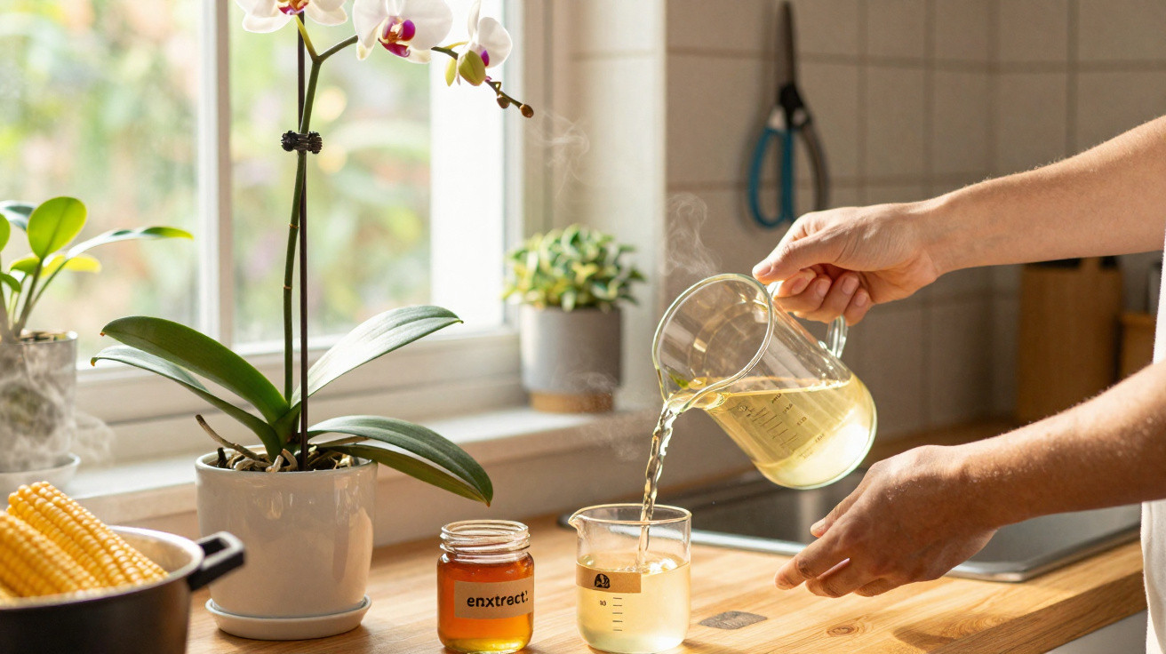 Mãos a verter chá quente de jarro transparente numa chávena numa cozinha com plantas ao fundo.