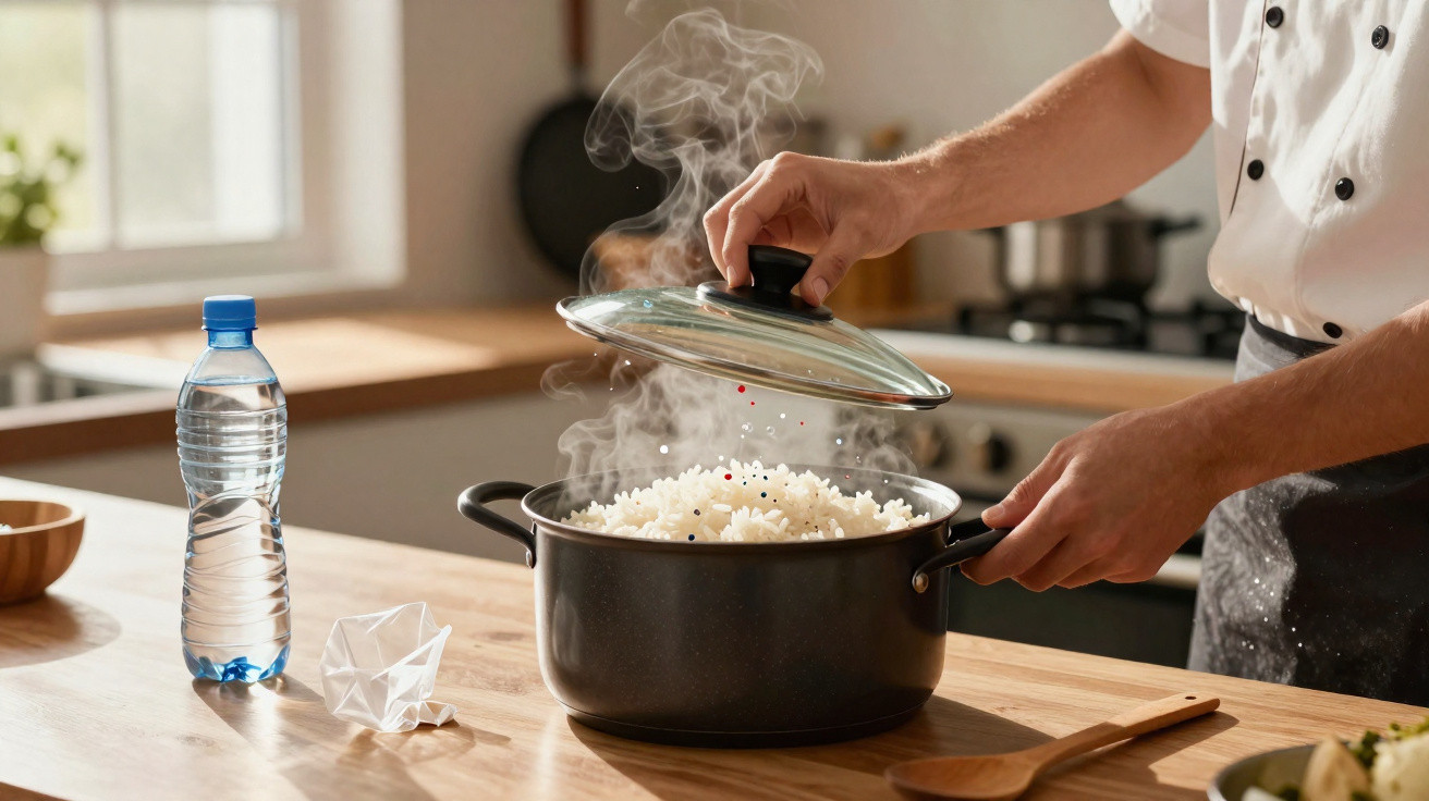 Pessoa a levantar tampa de panela com arroz fumegante numa cozinha iluminada natural.