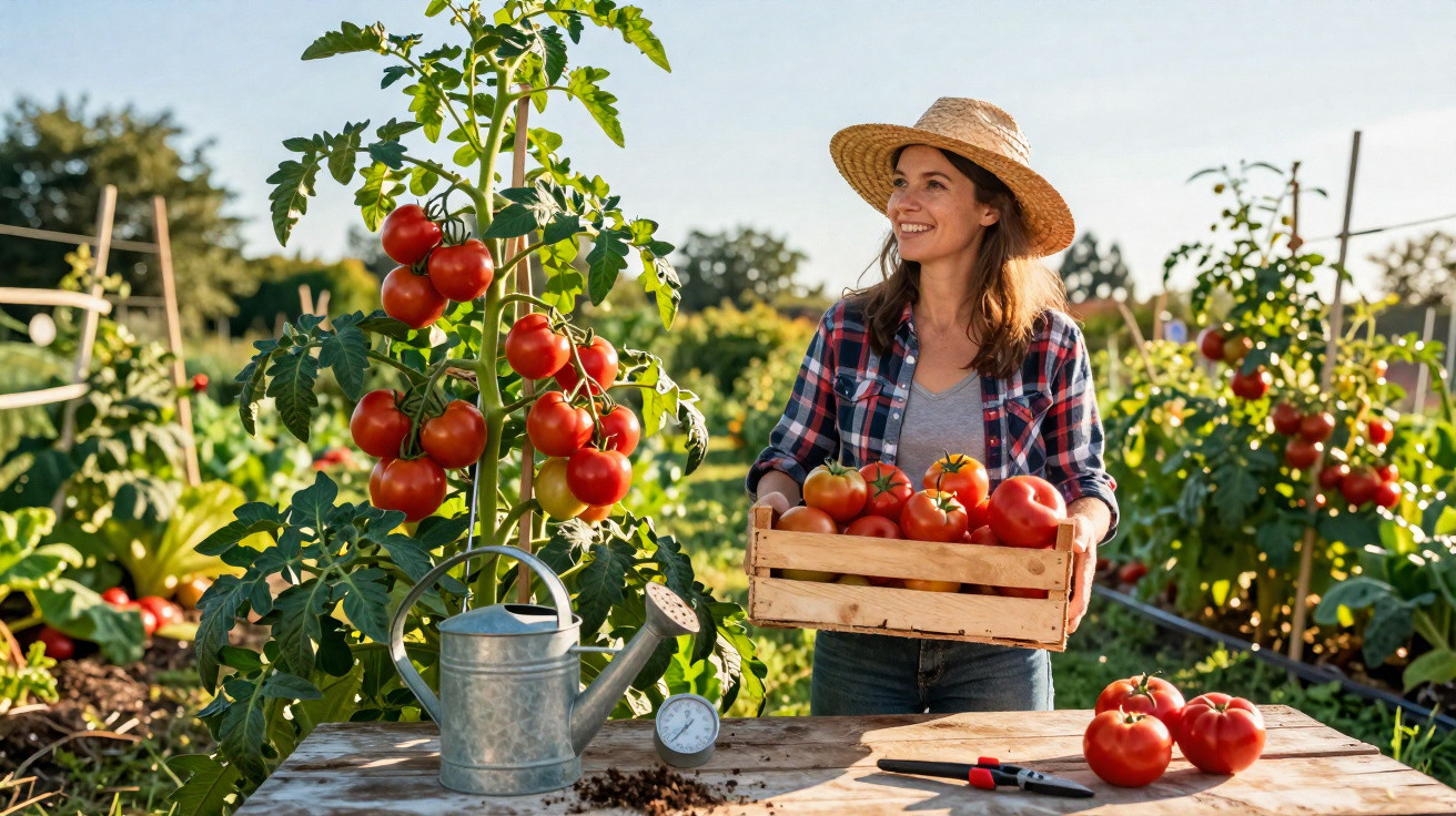 Mulher com chapéu a segurar caixa de tomates frescos numa horta ao ar livre num dia ensolarado.