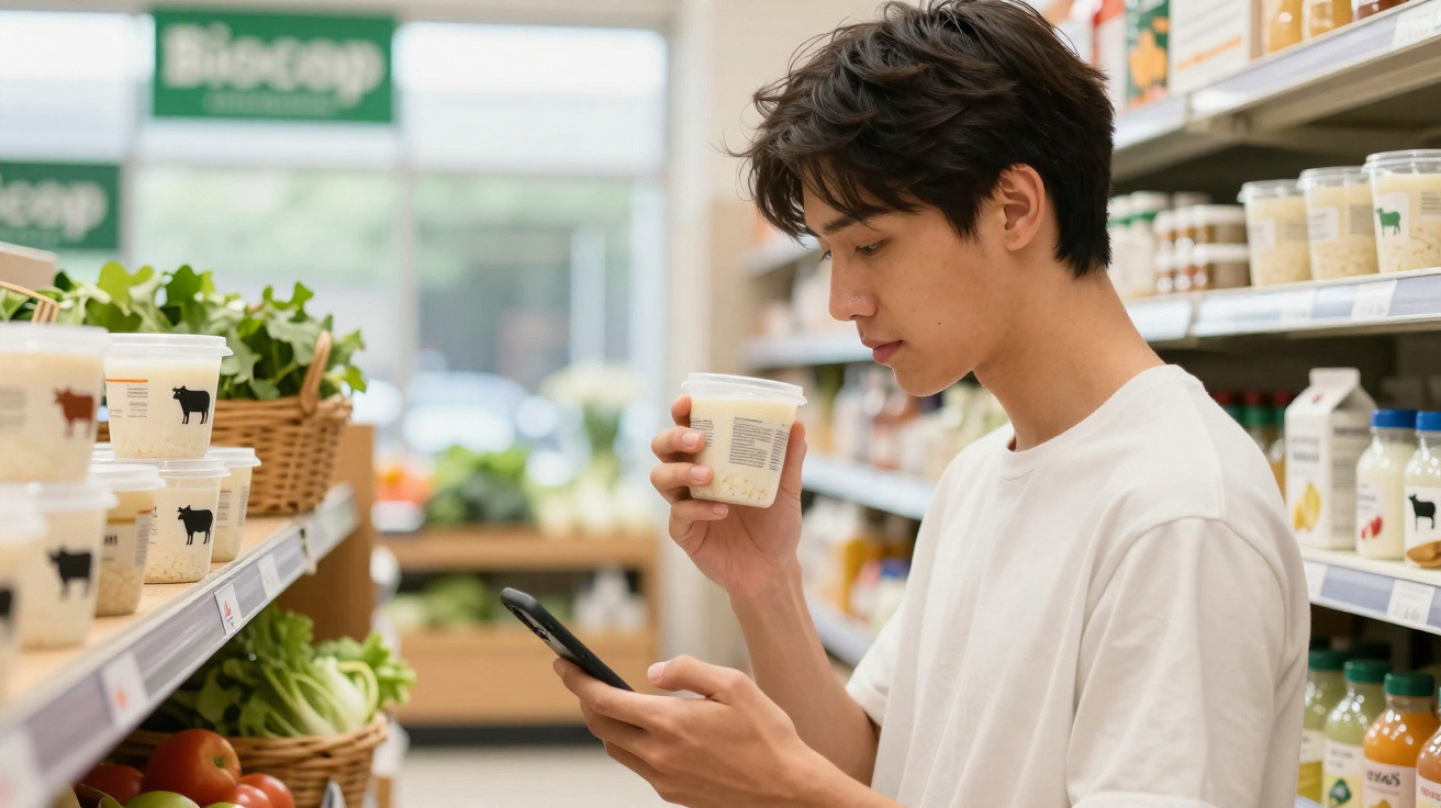Jovem numa mercearia a segurar um iogurte e a consultar o telemóvel, rodeado de produtos alimentares.