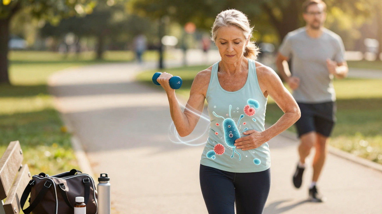 Mulher a fazer exercício com halteres num parque, com ilustrações de microrganismos no corpo.