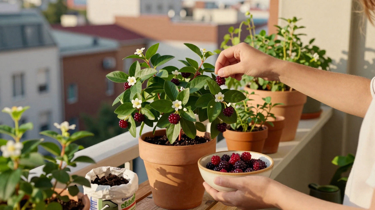Mão a colher amoras vermelhas de vaso com plantas e flores brancas num terraço urbano ensolarado.