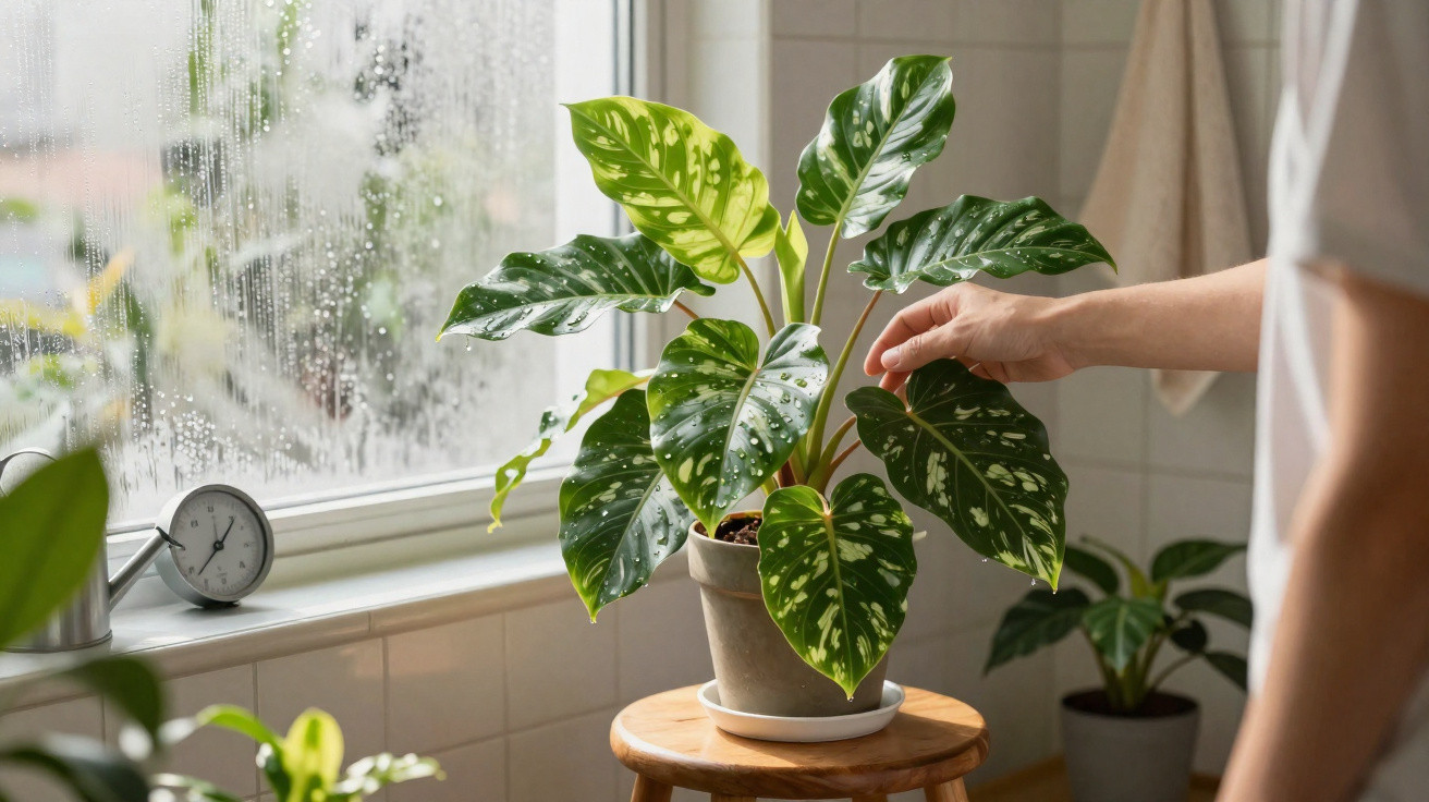 Pessoa a tocar em planta verde com folhas manchadas num vaso junto a janela com gotas de água.