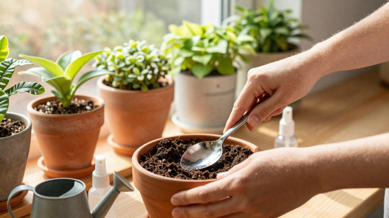 Mãos a preparar vaso com terra para plantar numa mesa junto à janela com várias plantas em redor.
