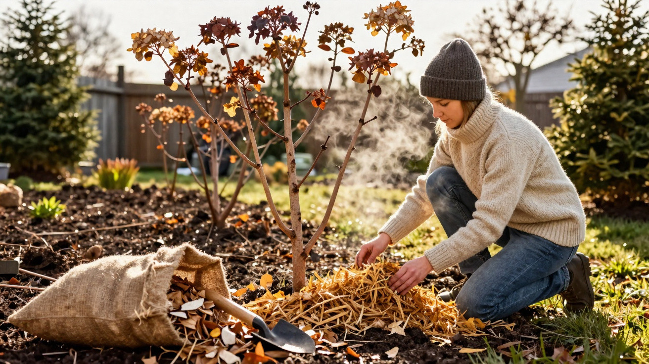 Pessoa a organizar palha no solo junto a uma planta jovem num jardim ao ar livre em dia frio.